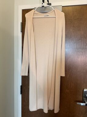 Abercrombie & Fitch Long Open-Front Ribbed Cardigan in Light Beige